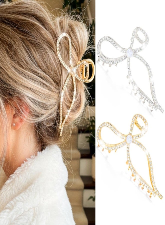 CAKURE Bow Claw Clips Gold Rhinestone Hair Clips Large Nonslip Hair Claws Sparkly Hair Accessories for Women (Pack of 2) (a-gold&silver) - Image 1